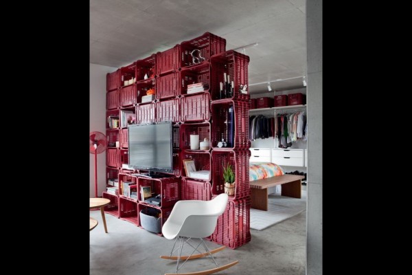 Apartment With a Wall Divider Made of Plastic Crates